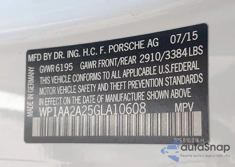 2016 Porsche Cayenne z USA, uszkodzony, nr VIN WP1AA2A25GLA10608